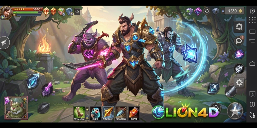 Screenshot gameplay LION4D yang menunjukkan pertarungan seru dan karakter unik.