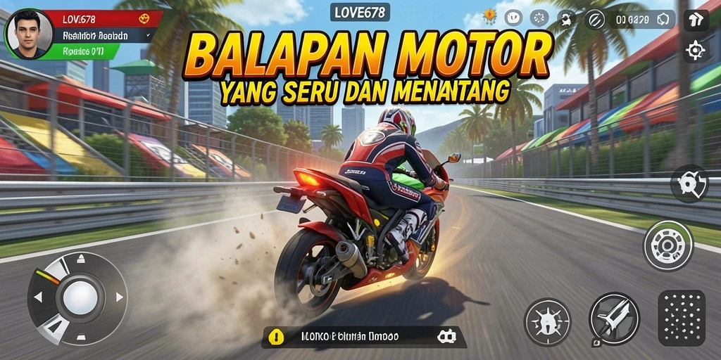 Tangkapan layar LOVE678 menunjukkan aksi balapan intens dengan berbagai motor.