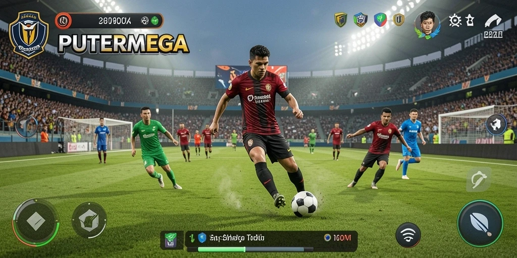 Tampilan gameplay mendalam dari PUTERMEGA di lapangan sepak bola.