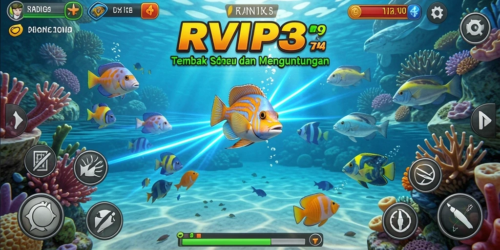 Screenshot gameplay RVIP3 dengan aksi tembak ikan yang menarik.