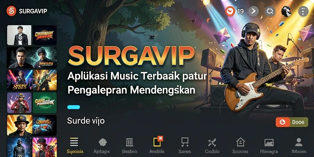 Tampilan gameplay SURGAVIP yang menampilkan berbagai fitur musik menarik.